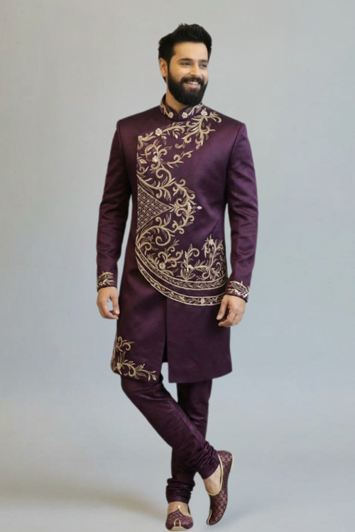Wine Embroidered Designer Sherwani for Men – Luxury Wedding & Festive Wear