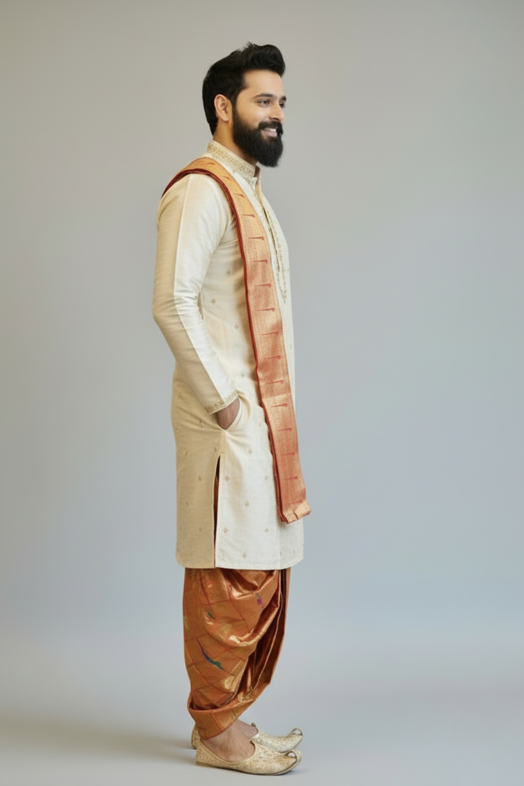 Man wearing a traditional beige and brown kurta with a plain background