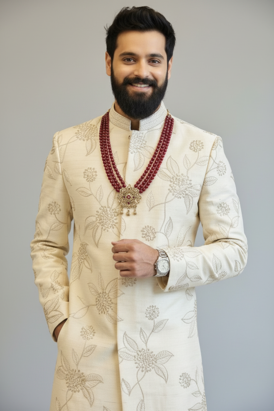 Silver Zari FLoral Work Sherwani