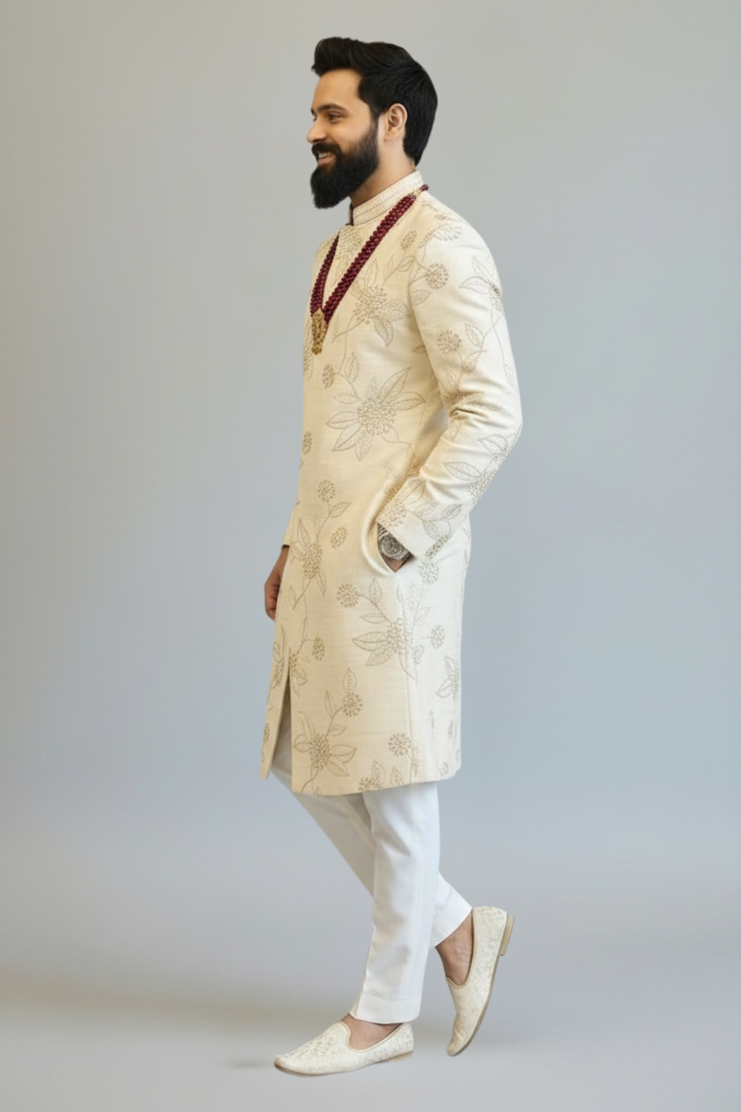 Silver Zari FLoral Work Sherwani