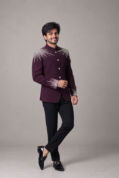 Wine Jodhpuri with White and silver cut beads and sequence work
