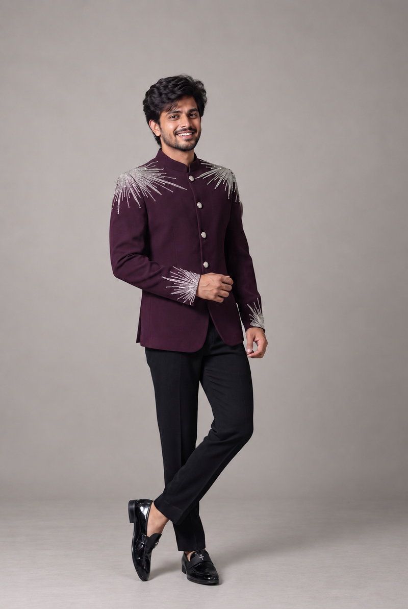 Wine Jodhpuri with White and silver cut beads and sequence work