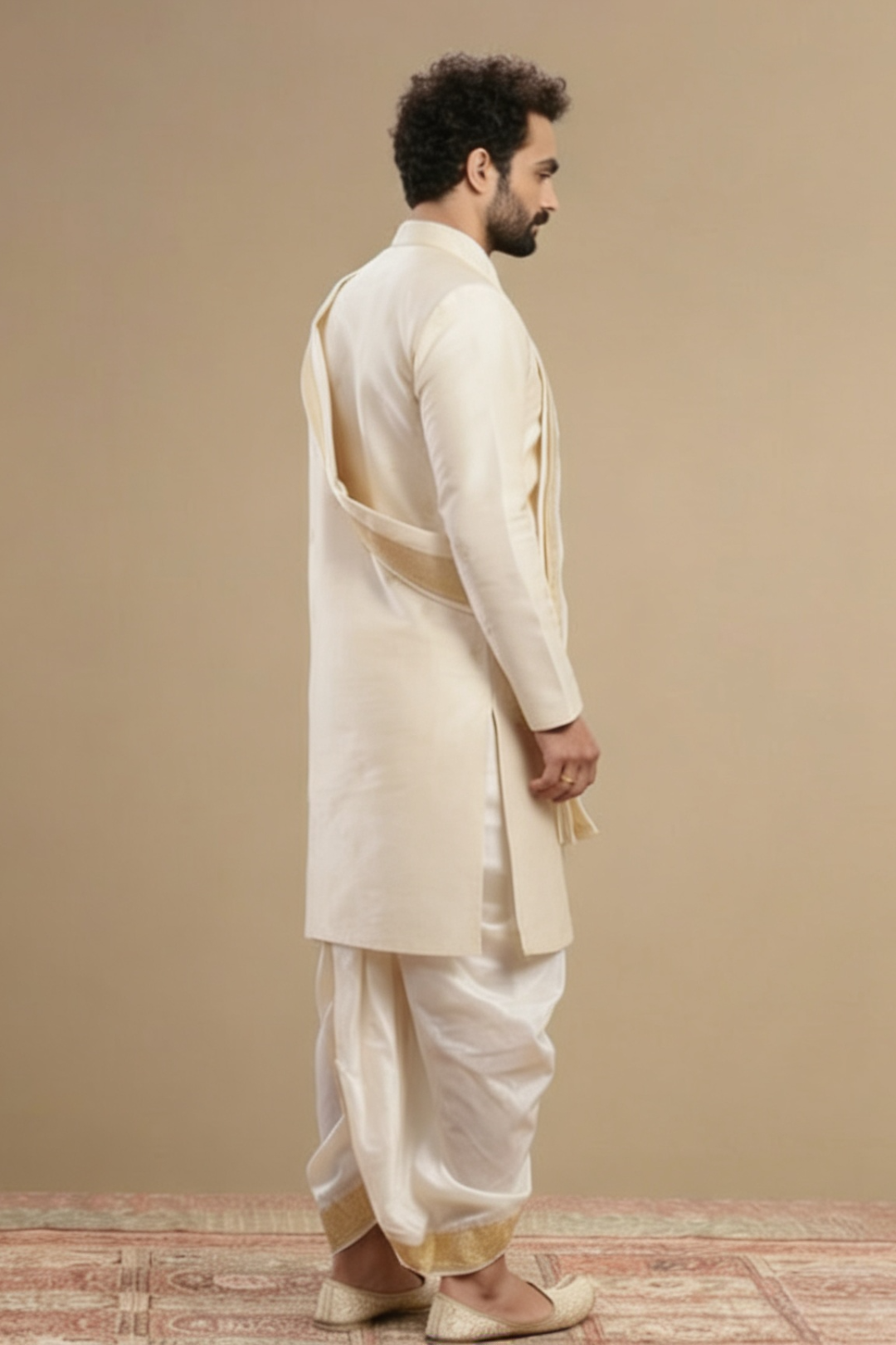 Men's Ivory Wedding Kurta with Gold Zari Border Dhoti and Stole