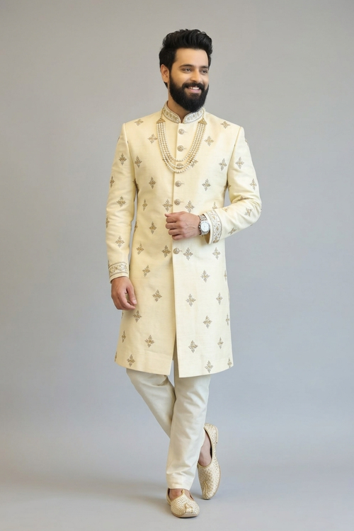 Off-white pure raw silk sherwani with zardozi work