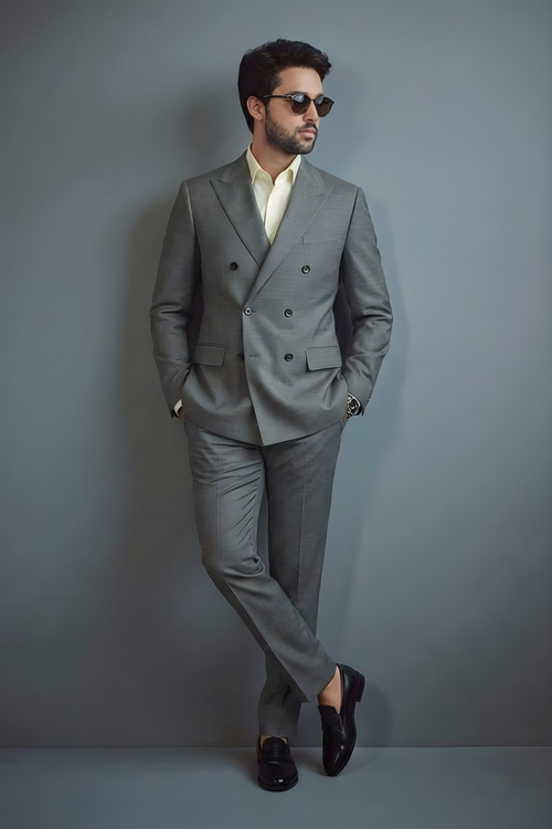 Man wearing a gray suit with sunglasses against a plain background