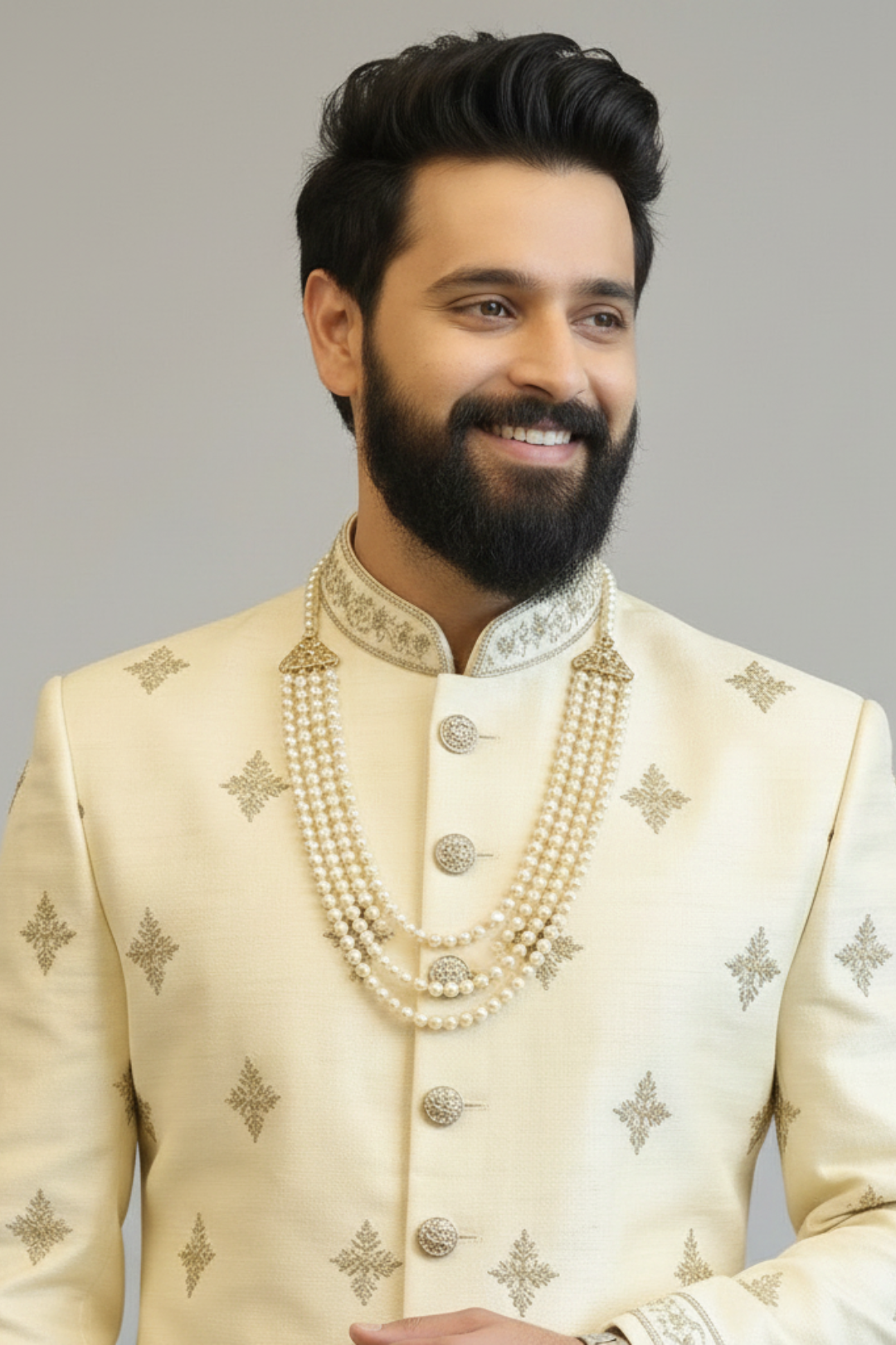 Off-white pure raw silk sherwani with zardozi work