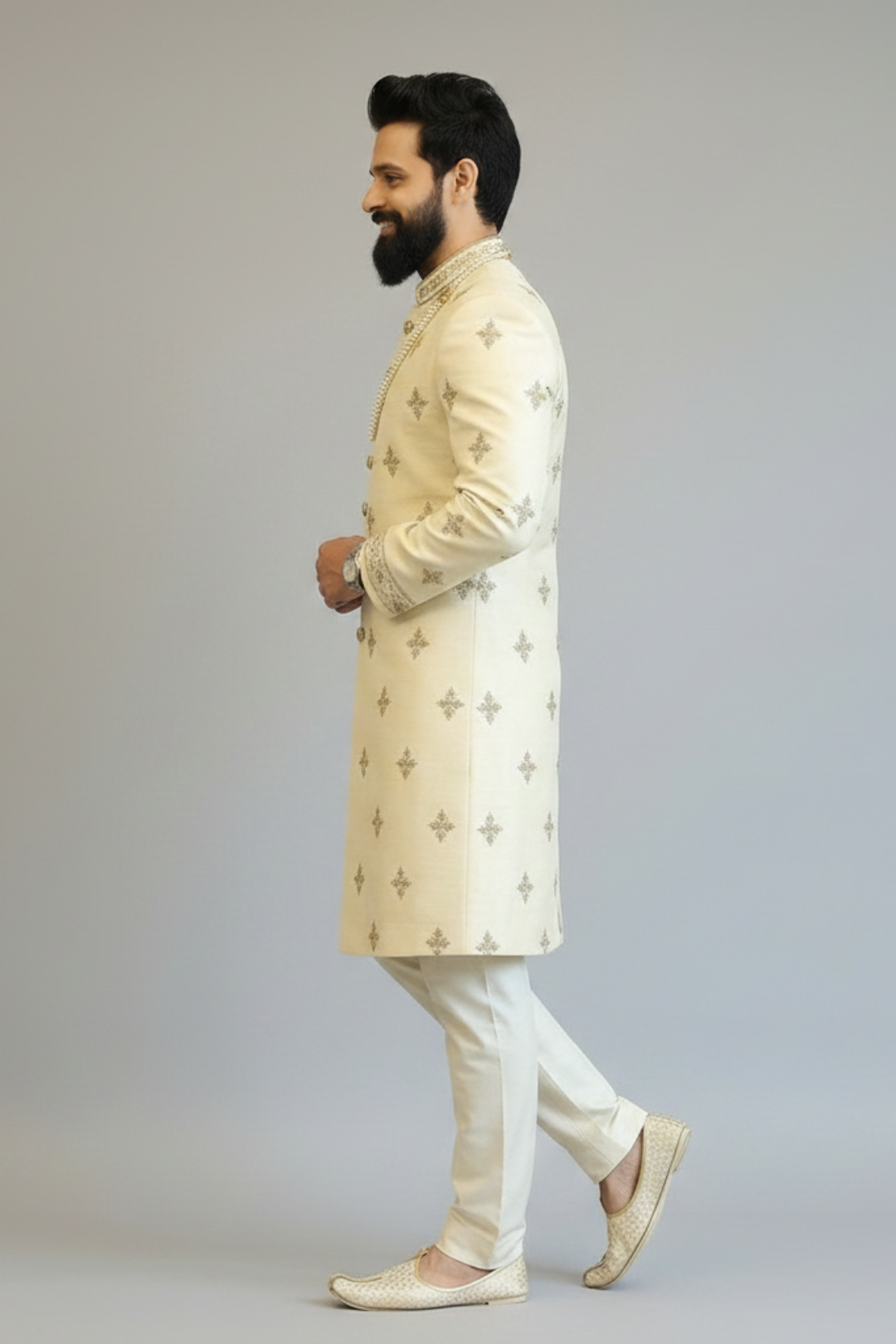 Off-white pure raw silk sherwani with zardozi work