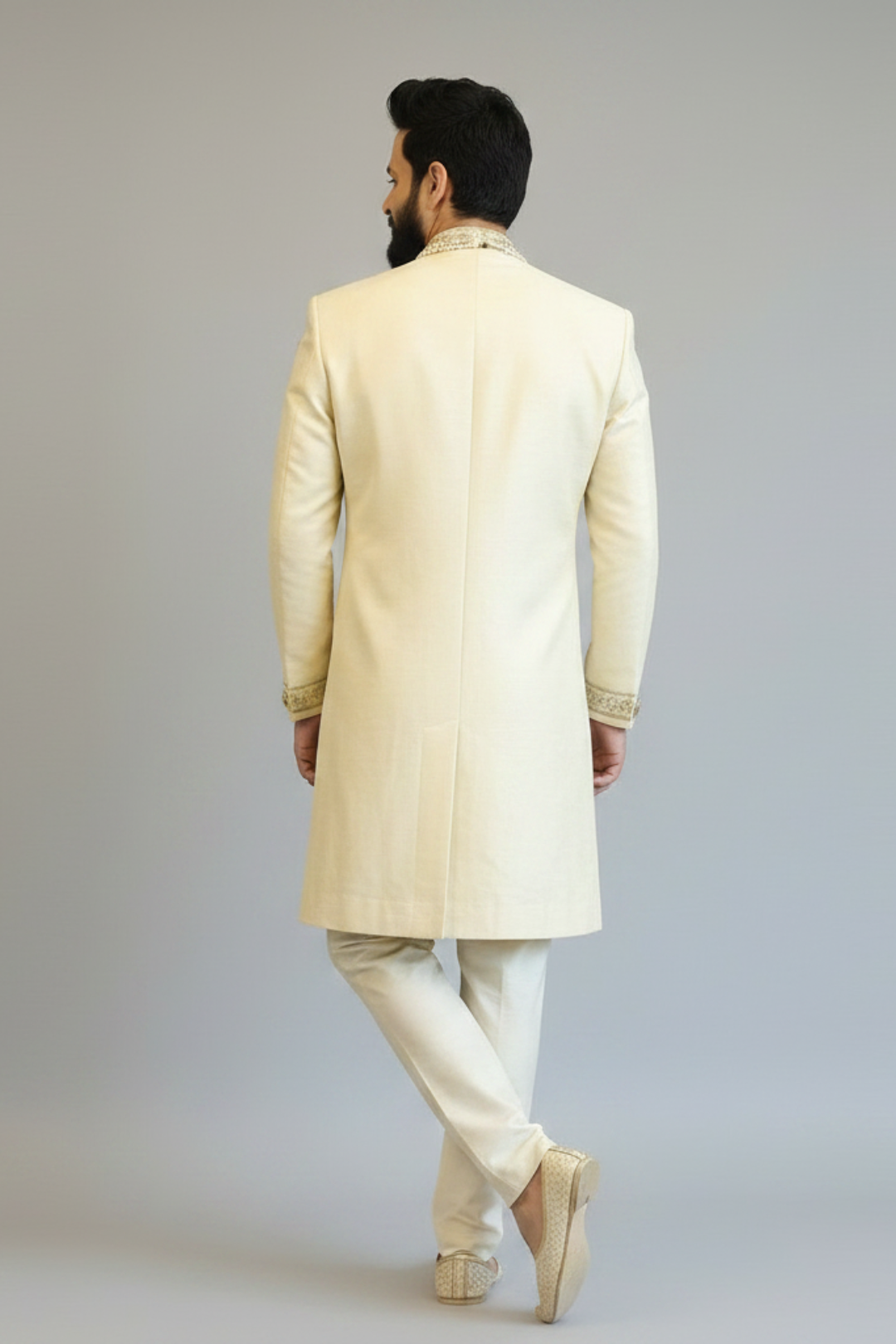 Off-white pure raw silk sherwani with zardozi work