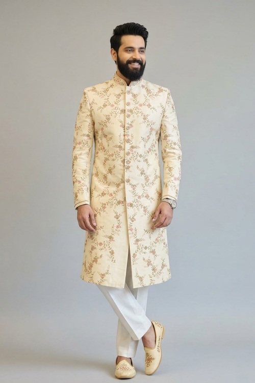 Sherwani with embroided floral veins