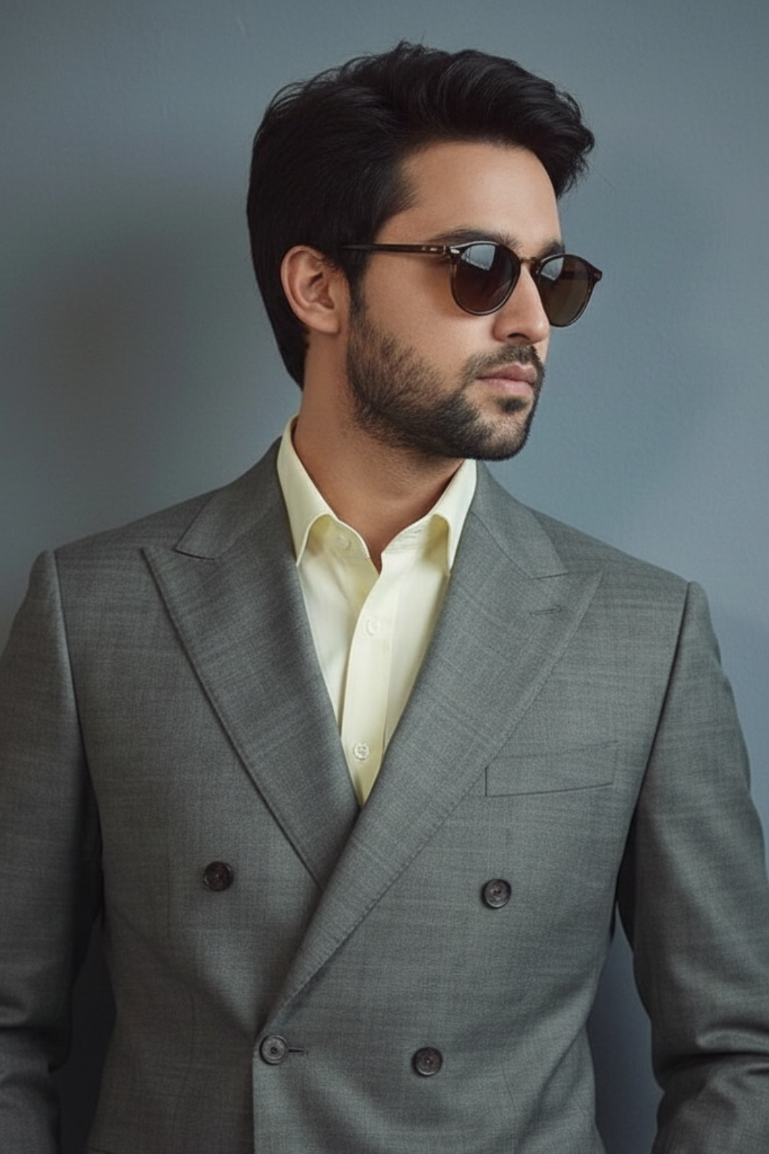 Man wearing a gray suit and sunglasses against a gray background