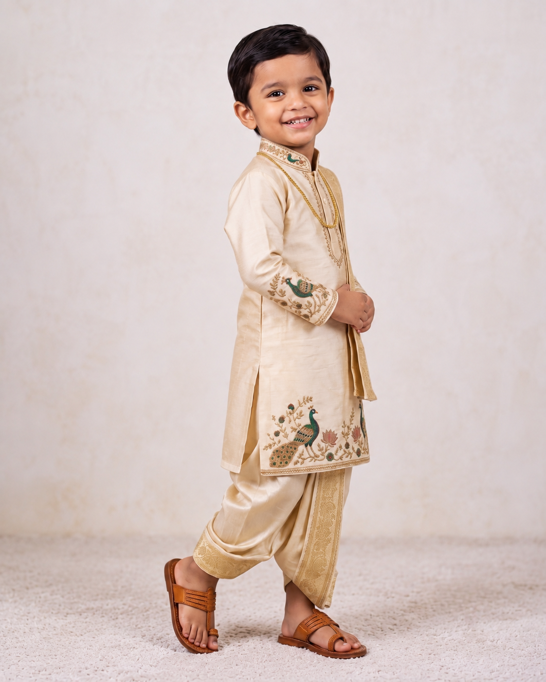 Boys Ivory Peacock 3-Piece Dhoti Set