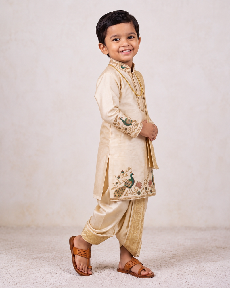 Boys Ivory Peacock 3-Piece Dhoti Set