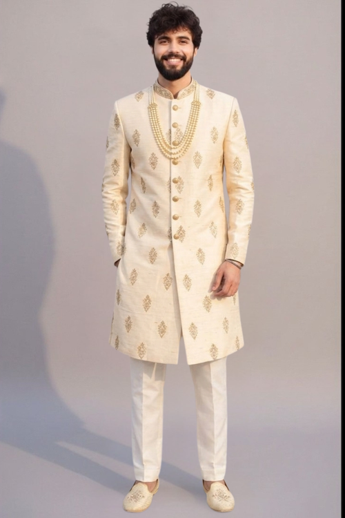 Pure Raw silk sherwani with traditional butta design