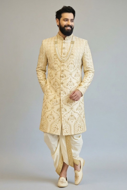 Geometric Floral Sherwani In pure raw silk