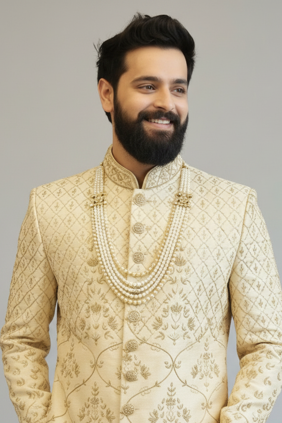 Geometric Floral Sherwani In pure raw silk