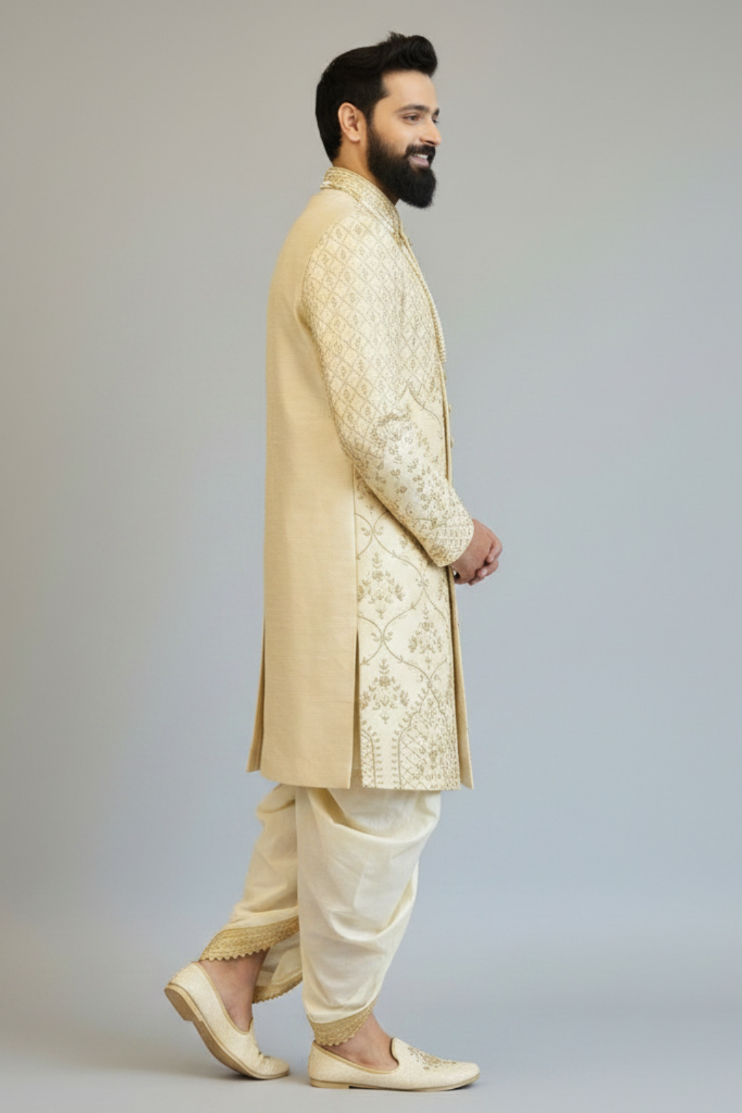 Geometric Floral Sherwani In pure raw silk