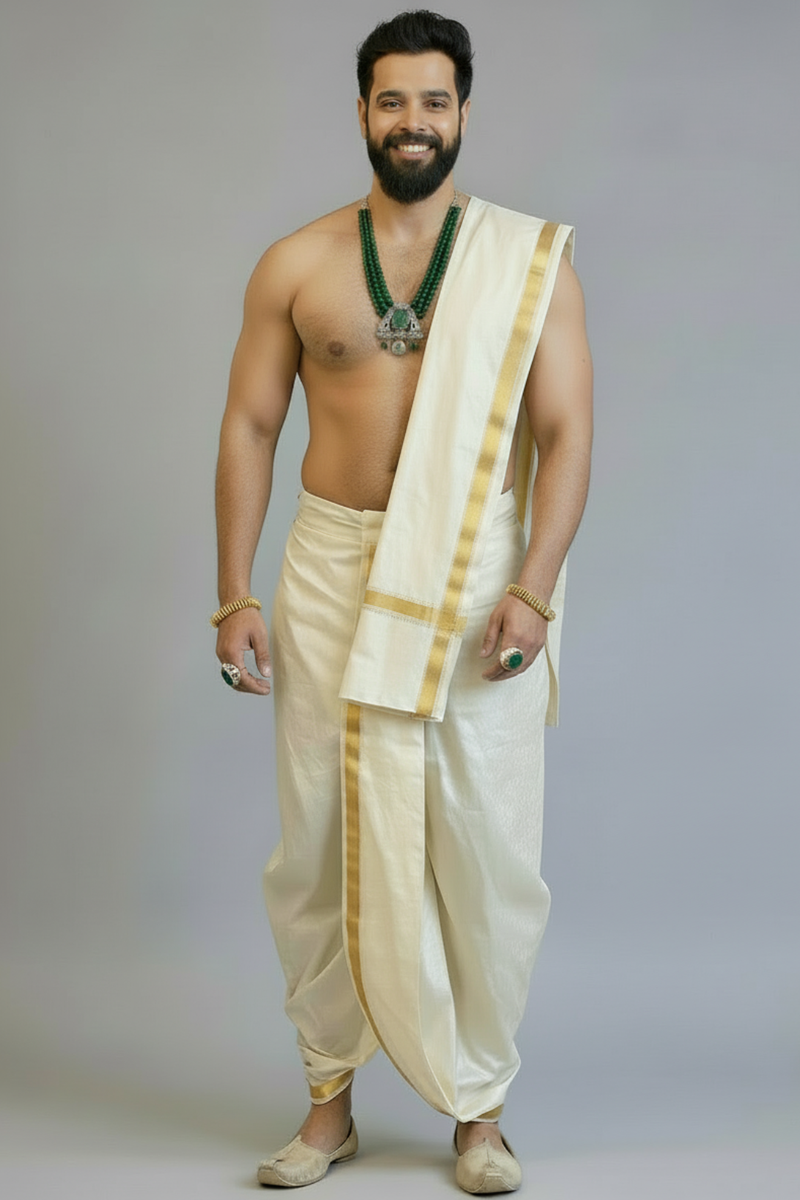 Men’s Traditional Cream Silk Kurta Dhoti Set with Gold Border & Angavastram – South Indian Wedding Ethnic Wear