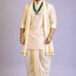 Man wearing a traditional cream kurta with white dhoti and gold border on a light gray background