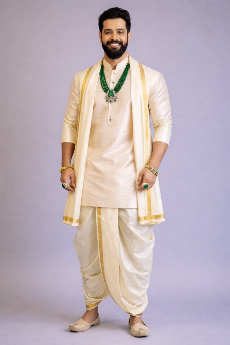 Men’s Traditional Cream Silk Kurta Dhoti Set with Gold Border & Angavastram – South Indian Wedding Ethnic Wear