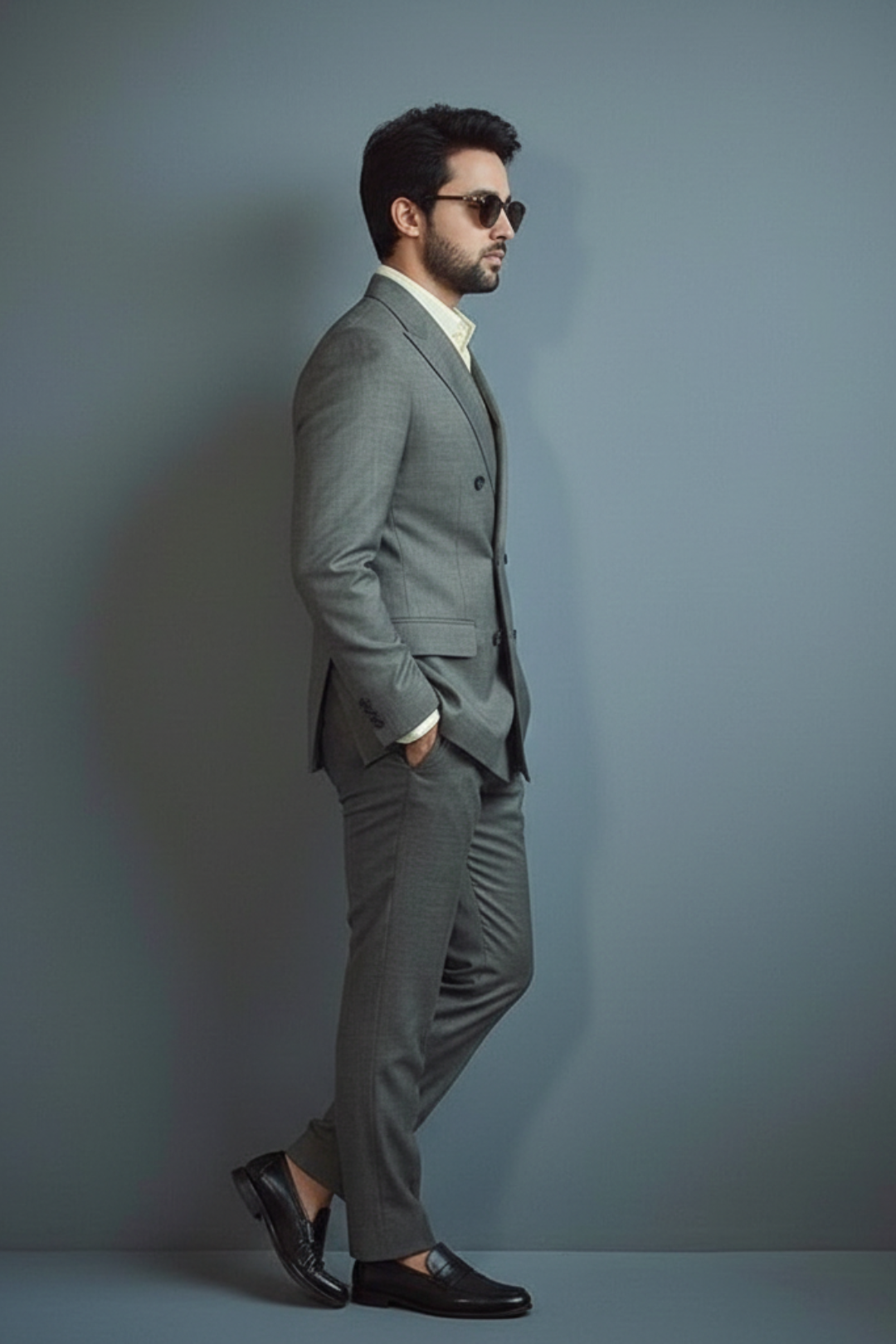 Man in a gray suit standing against a plain background