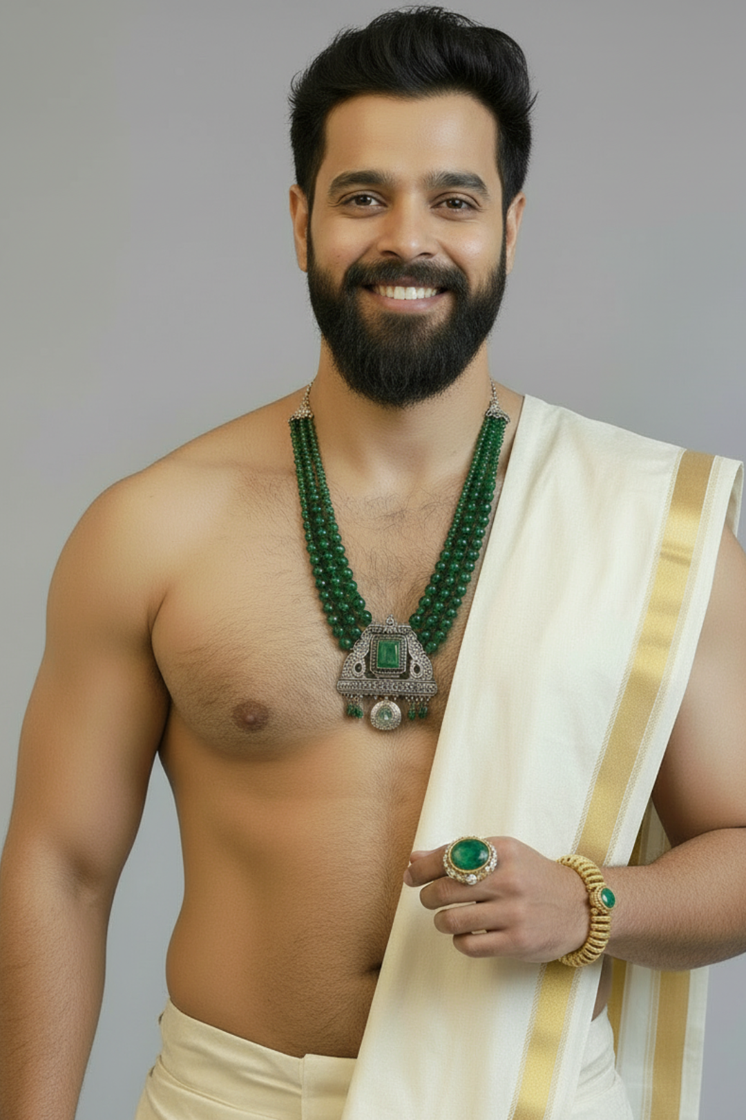 Man wearing a white saree with gold border and green jewelry on a gray background