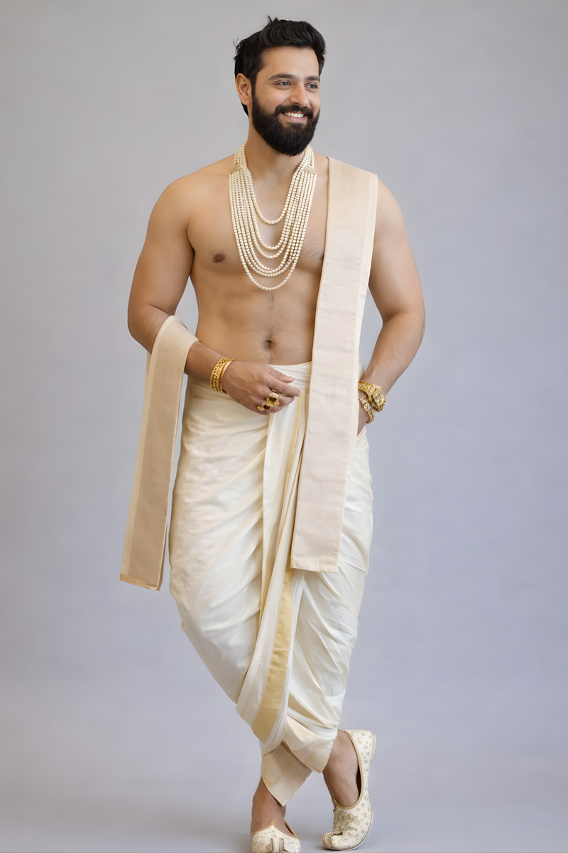 Premium Off-White Men’s Dhoti Set with Gold Border & Angavastram – Traditional South Indian Wedding Veshti