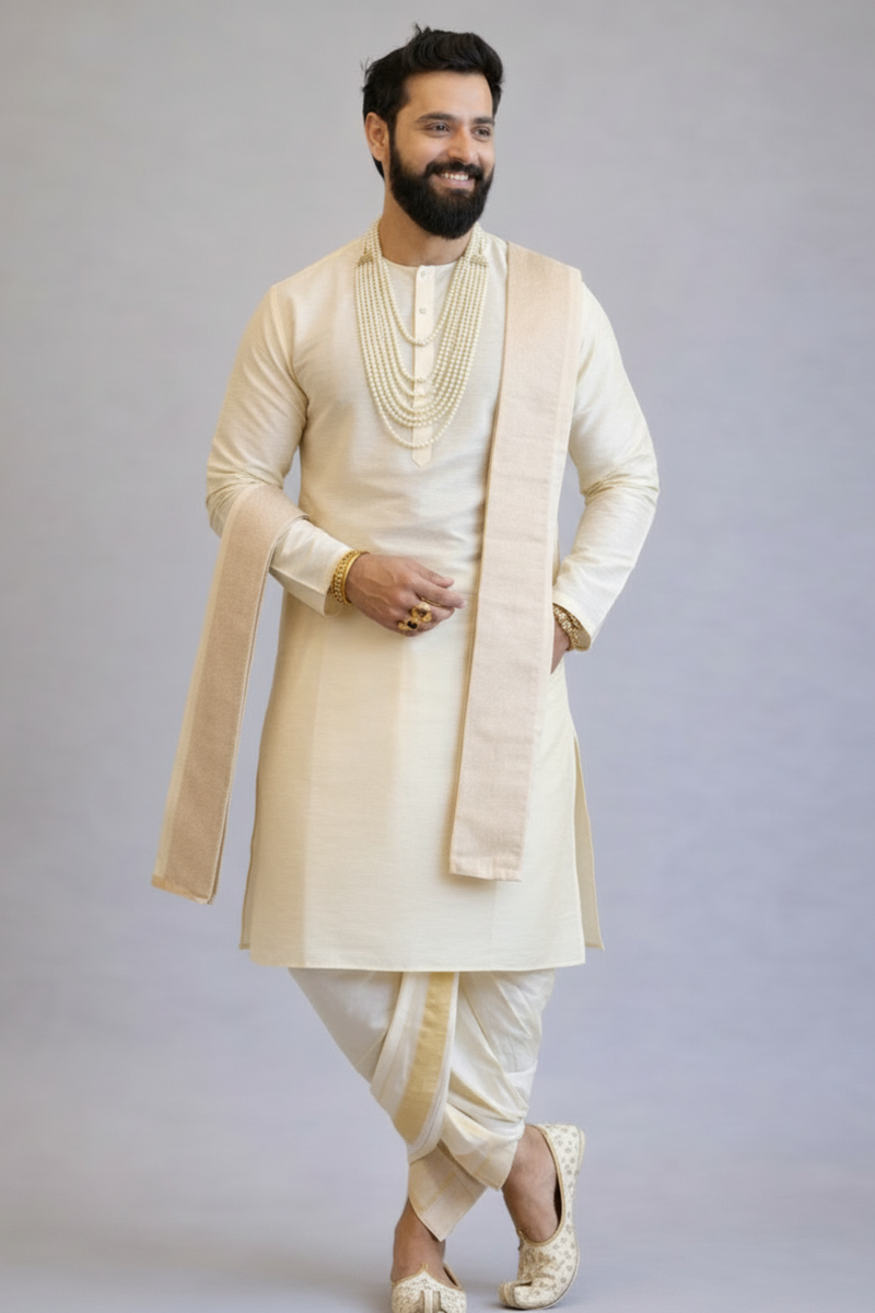 Premium Off-White Men’s Dhoti Set with Gold Border & Angavastram – Traditional South Indian Wedding Veshti