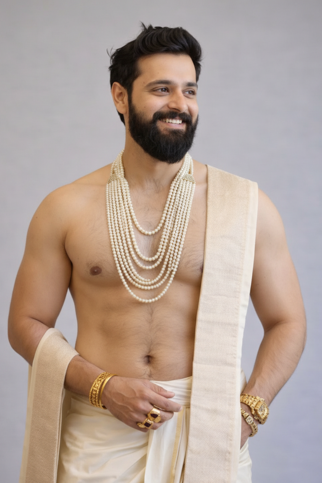 Man wearing a beige traditional outfit with gold jewelry on a gray background