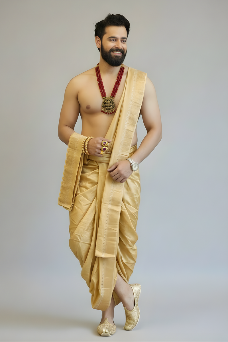 Royal Gold Pattu Men’s Dhoti Set with Angavastram & Kurta – Traditional South Indian Wedding Wear
