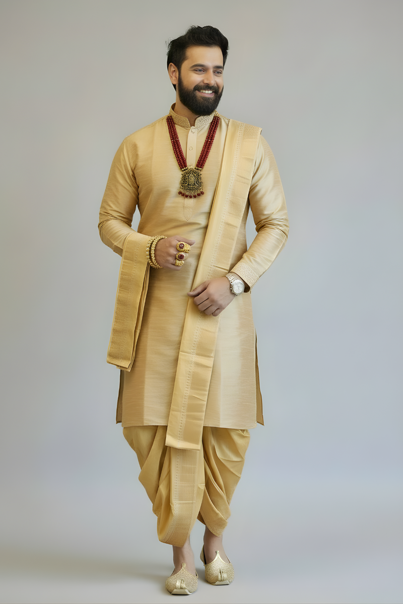 Royal Gold Pattu Men’s Dhoti Set with Angavastram & Kurta – Traditional South Indian Wedding Wear