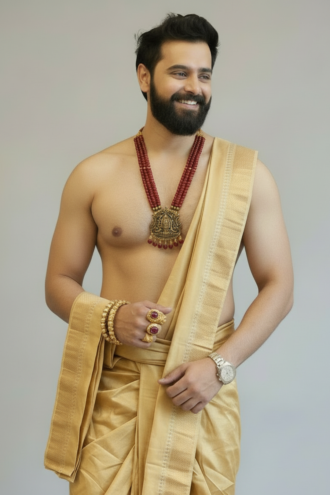 Man wearing a gold saree with jewelry on a plain background