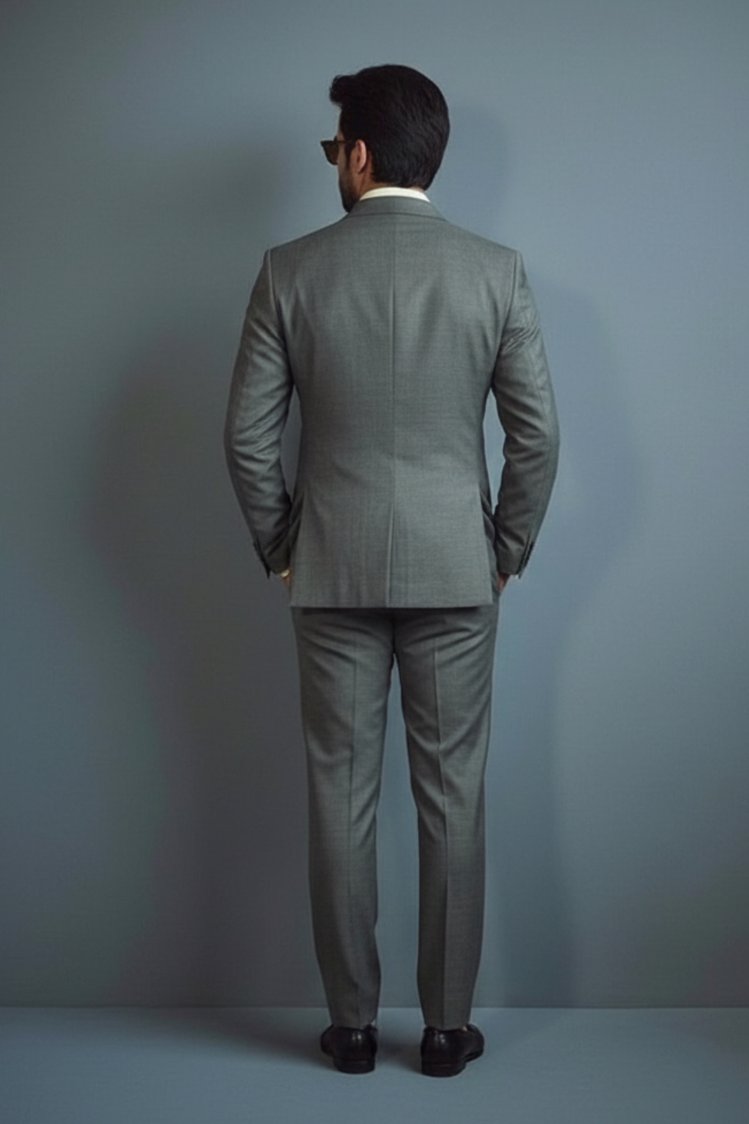 Man wearing a gray suit standing against a plain background