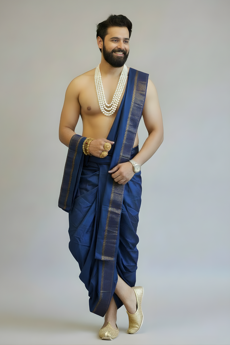 Royal Navy Blue Pattu Men’s Dhoti Set with Gold Border & Angavastram – South Indian Wedding Veshti