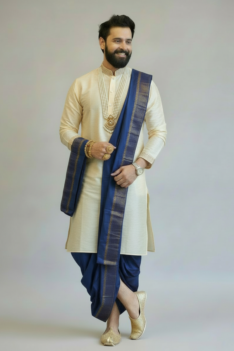 Royal Navy Blue Pattu Men’s Dhoti Set with Gold Border & Angavastram – South Indian Wedding Veshti
