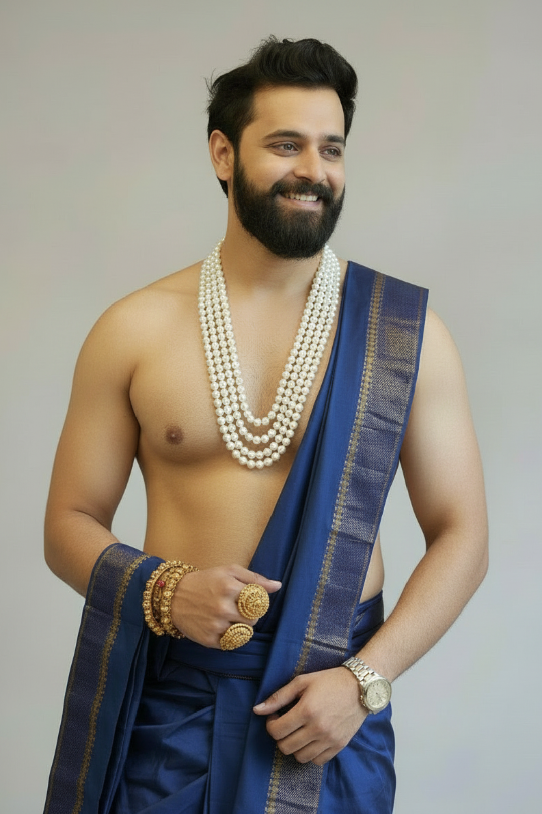 Man wearing a blue saree with gold jewelry on a plain background