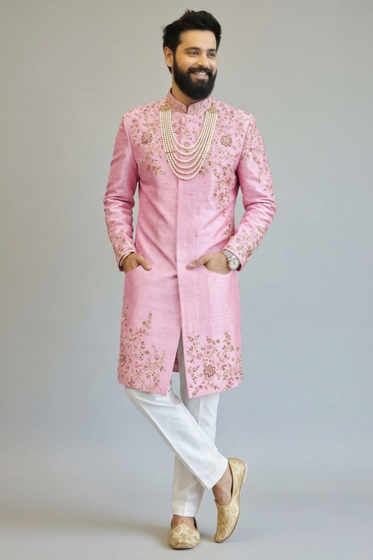 Pink raw silk placement embroidered sherwani