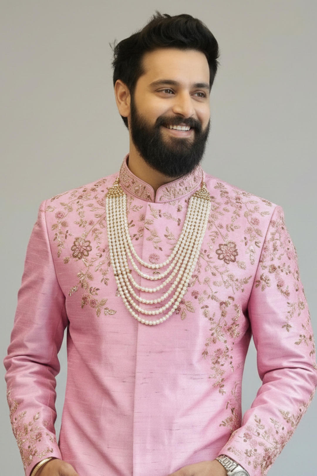 Pink raw silk placement embroidered sherwani