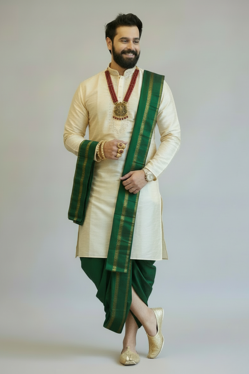 Emerald Green Pattu Men’s Dhoti Set with Gold Border & Angavastram – Traditional South Indian Wedding Wear