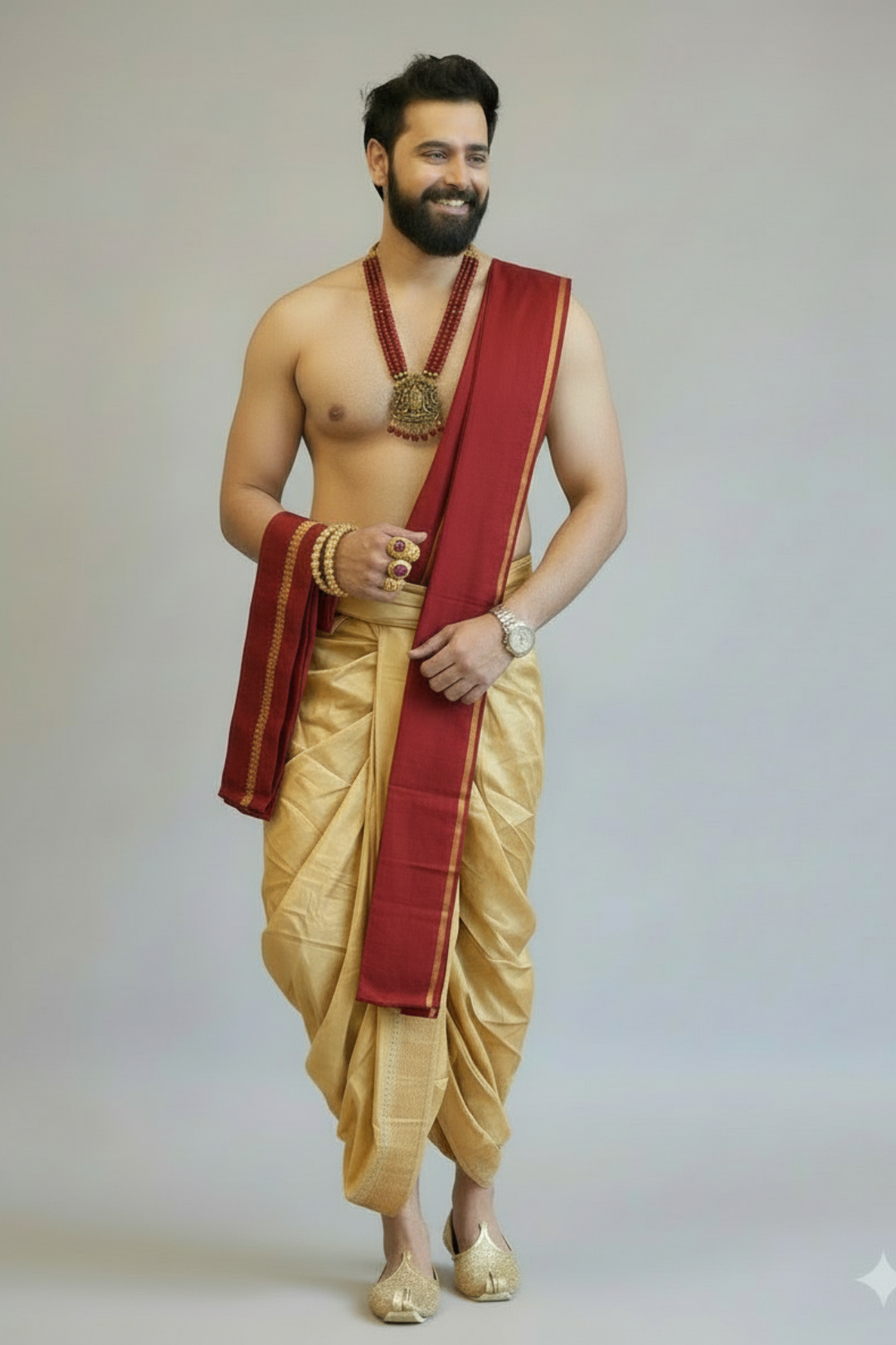 Man wearing a traditional gold dhoti with a red scarf on a plain background