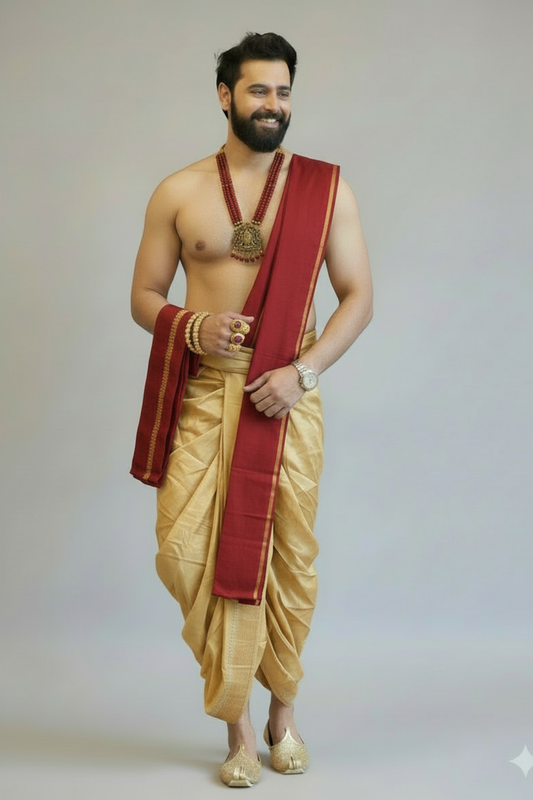 Men’s Traditional Gold Dhoti Kurta Set with Red Angavastram | South Indian Wedding Ethnic Wear