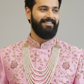 Pink raw silk placement embroidered sherwani