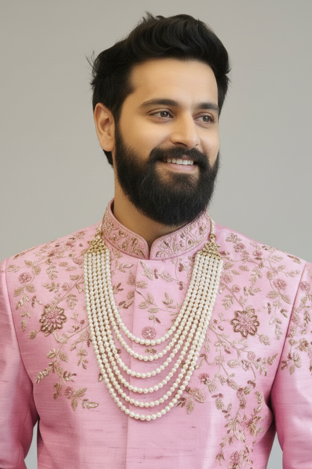 Pink raw silk placement embroidered sherwani