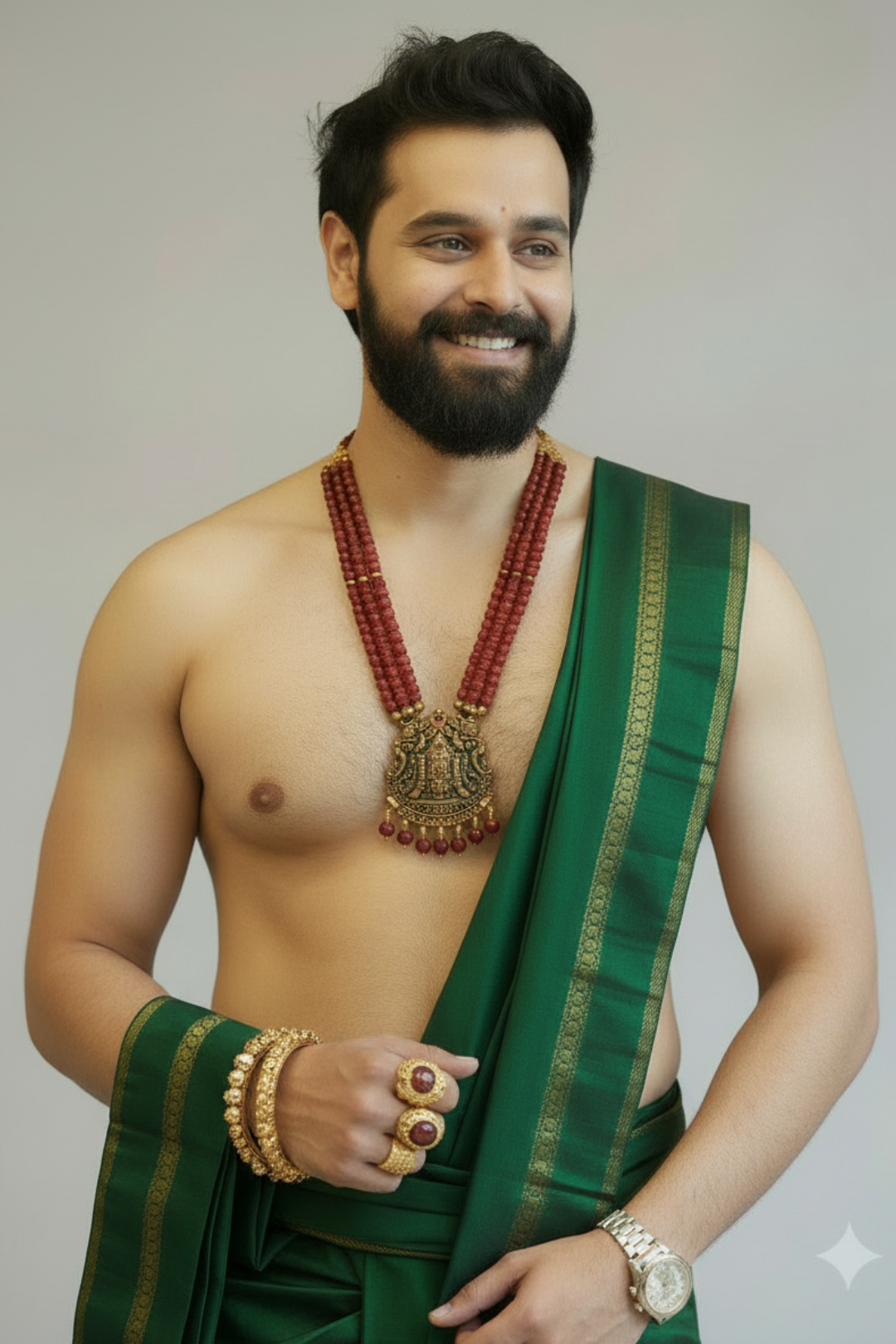 Man wearing a green traditional outfit with gold jewelry on a plain background