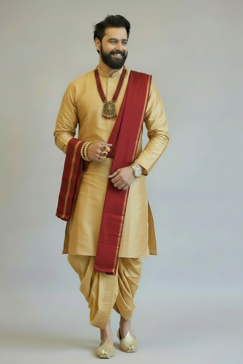 Men’s Traditional Gold Dhoti Kurta Set with Red Angavastram | South Indian Wedding Ethnic Wear
