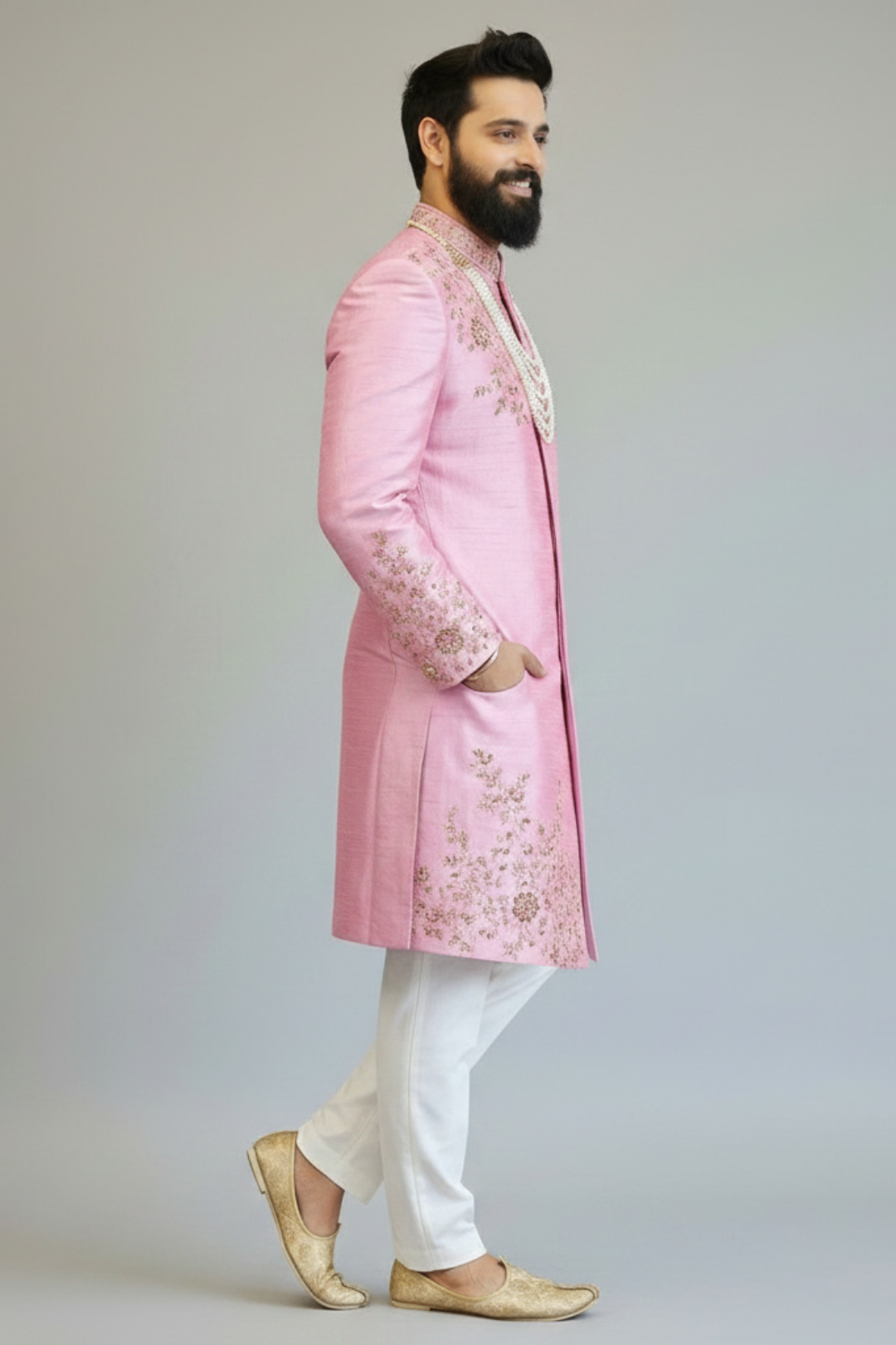 Pink raw silk placement embroidered sherwani