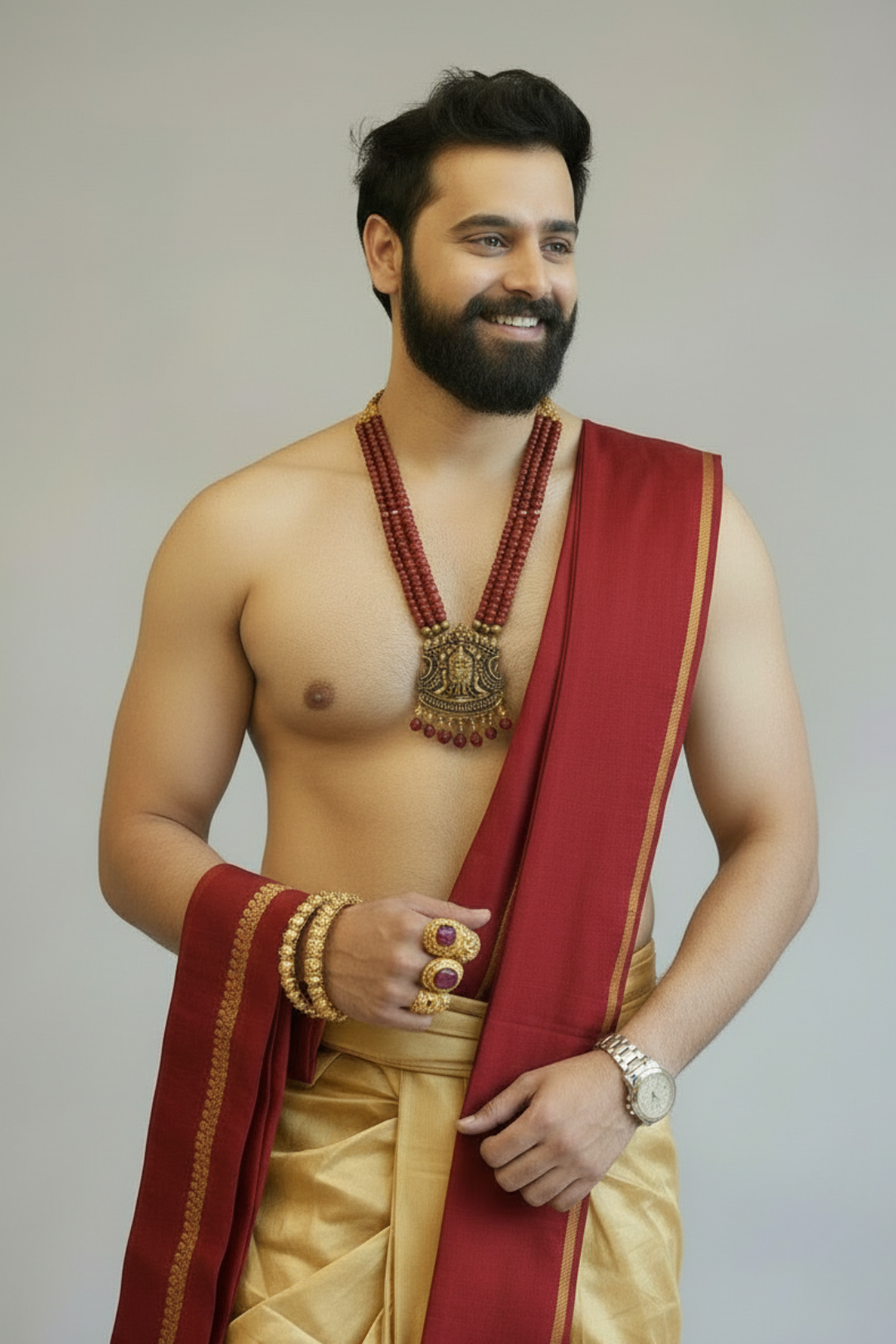 Man wearing a red and gold traditional outfit with jewelry on a plain background