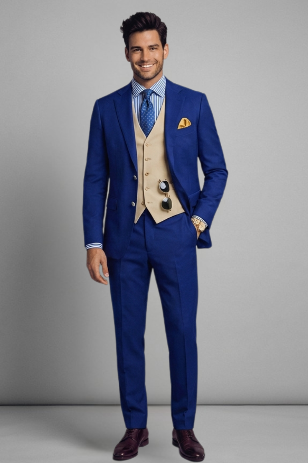Man wearing a blue suit with a beige vest and tie against a gray background