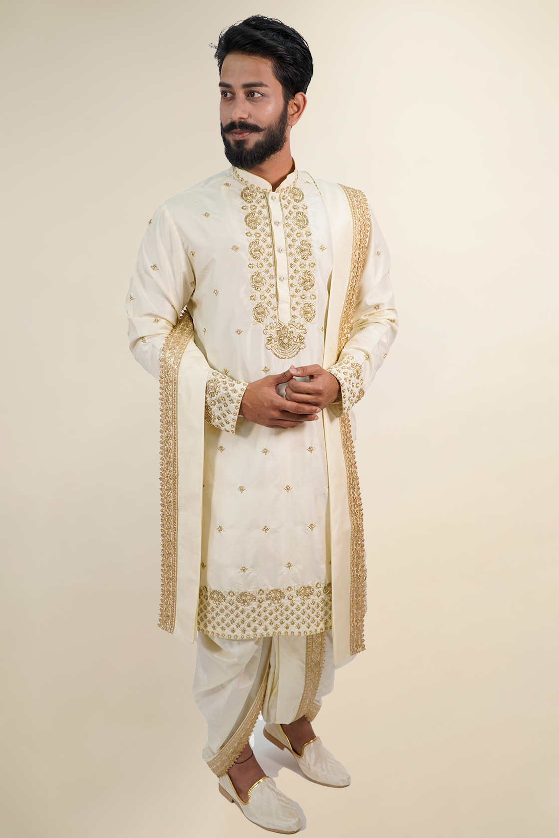 Cream Heavy all Over Embroidered Pure Pattu Kurta-Set