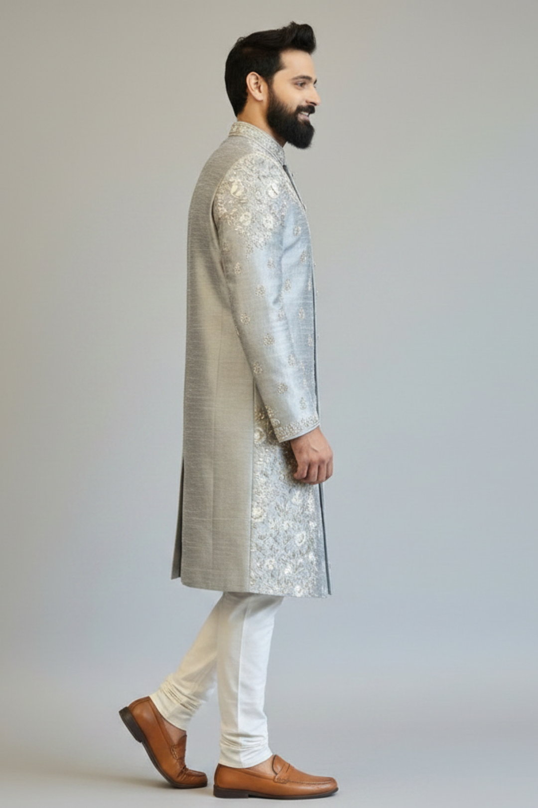 Light grey heavy maggam work sherwani