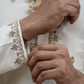 Close-up of hands with embroidered cuffs on a garment